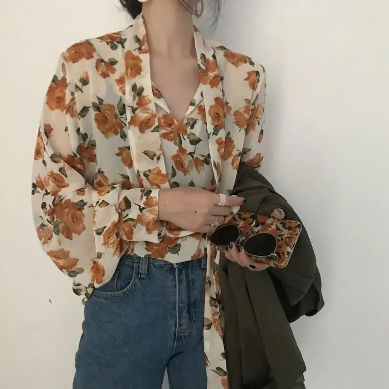 Retro Floral Lace-Up Bow Collar Long Sleeve Blouse – Korean Style Women's Top