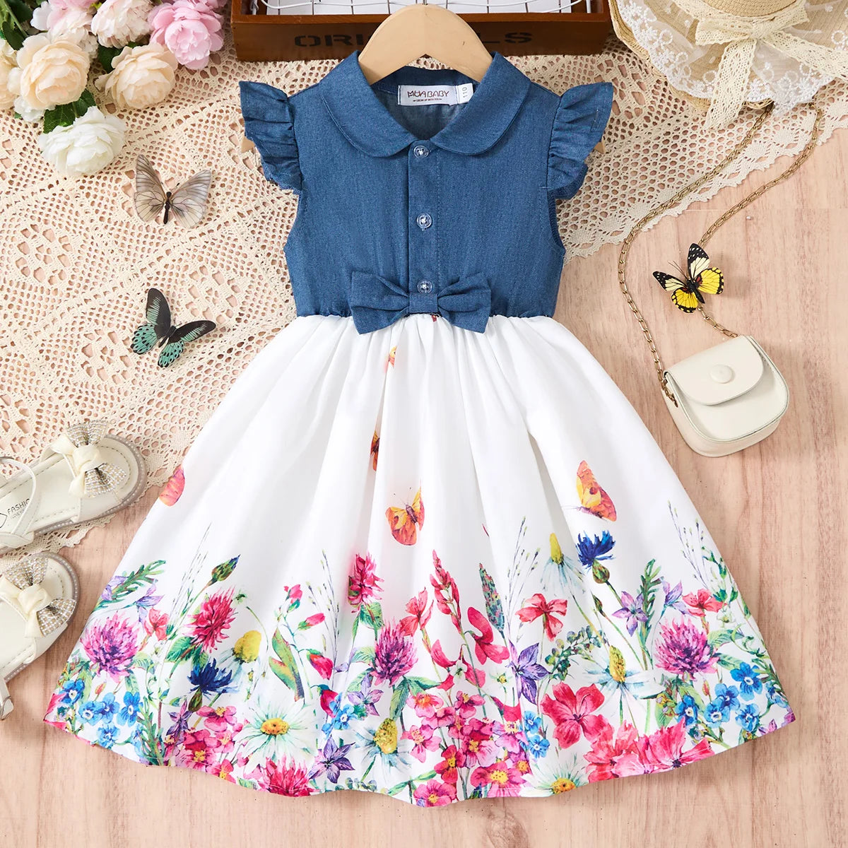 Girls Butterfly Flower Print Dress | Denim Splicing A-Line Skirt | Ages 2–10