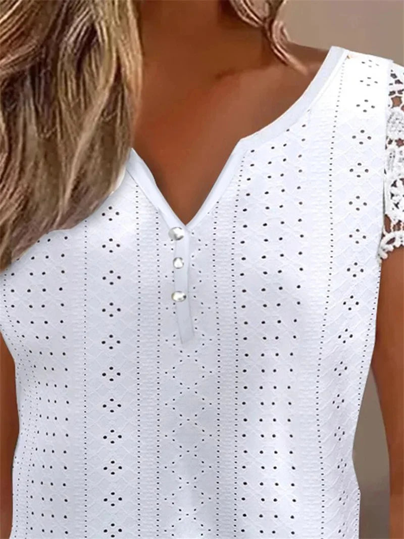 Lace Patch V-Neck Short Sleeve Blouse – Buttoned Solid Women's Summer Top