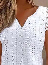Lace Patch V-Neck Short Sleeve Blouse – Buttoned Solid Women's Summer Top