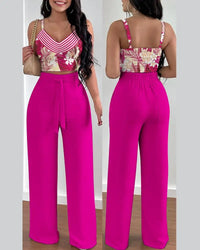 Women's V-Neck Shirred Crop Top & Wide Leg Pants Set | Elegant 2-Piece Office Suit