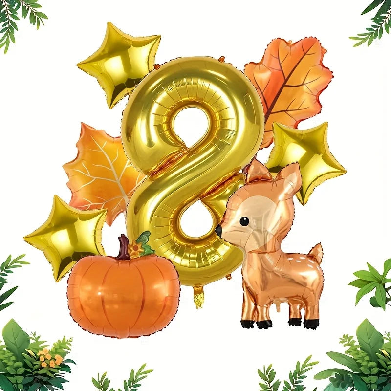 8Pcs Autumn Forest Animals Kids Birthday Party Decoration Fawn Maple Foil Balloon With 1-9 Number Balloon Thanksgiving Deco Gift