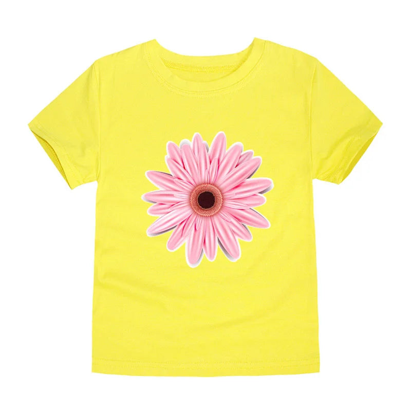 Girls 100% Cotton Flower Print T-Shirt | Sizes 2–14 Years | Pink & White