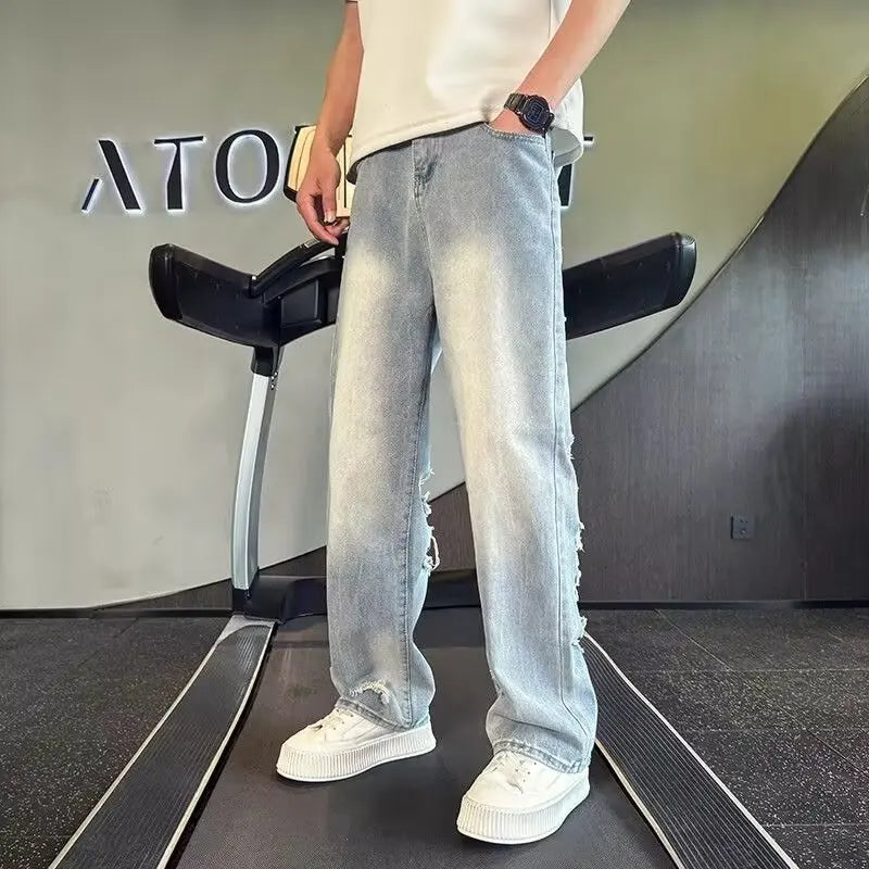 Men's Heavily Distressed Wide Leg Jeans | Low Rise Hip Hop Flare Denim with Big Rips