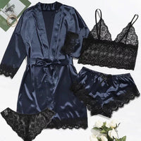 Conjunto Pijama Sexy 4 Piezas con Encaje - Camisola, Shorts, Bata y Lencería Mujer
