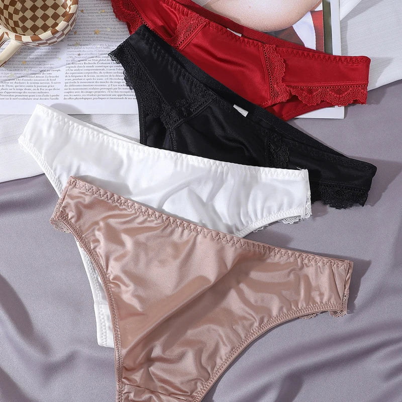 Silk Satin Lace G-String Panties – Low-Rise, One-Piece Seamless Design | Women's Lingerie M–XL