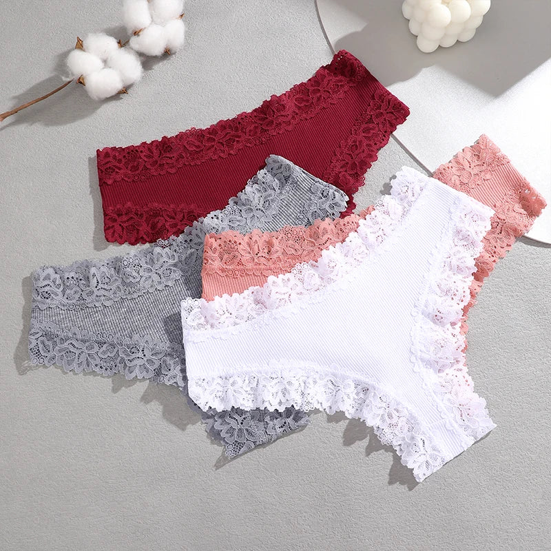 FINETOO 4PCS Sexy Lace Cotton Panties Women Brazilian Panties Ladies Sexy Low Waist Elastic T-Back Bikini Solid Soft Lingerie