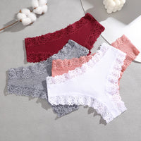 FINETOO 4PCS Sexy Lace Cotton Panties Women Brazilian Panties Ladies Sexy Low Waist Elastic T-Back Bikini Solid Soft Lingerie