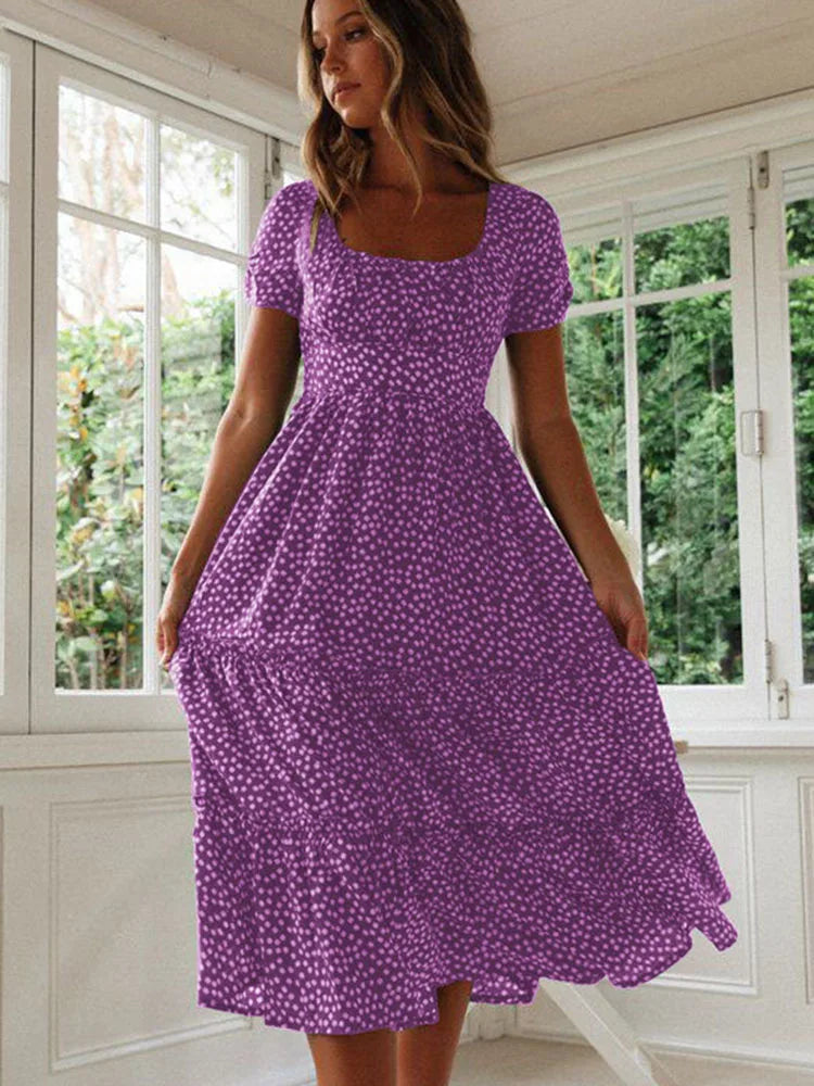 Floral Square Collar Puff Sleeve Midi Dress | A-Line Ruffle Women's Summer Party Dress