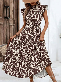 Floral Flying Sleeve Lace-Up Midi Dress | Elegant A-Line Empire Waist Women's Summer Dress