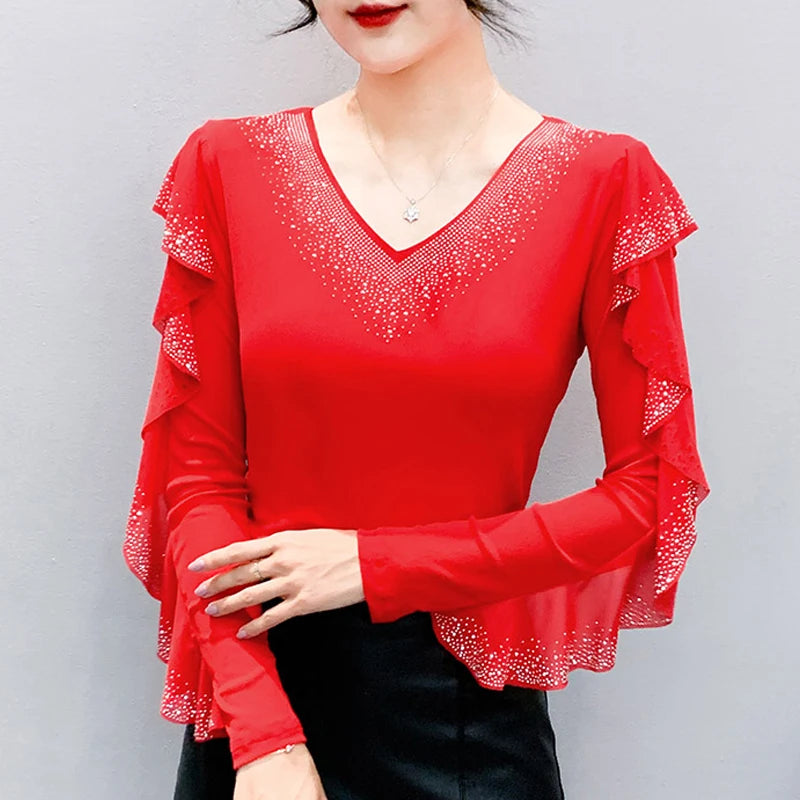 Korean Mesh Ruffle Top with Hot Diamonds | Long Sleeve Slim Fit Women's Shirt