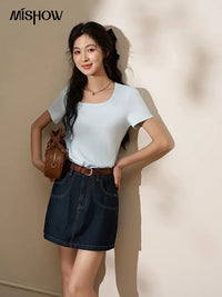 Camiseta Mujer Cuello Cuadrado - Manga Corta Algodón Elegante Oficina Primavera