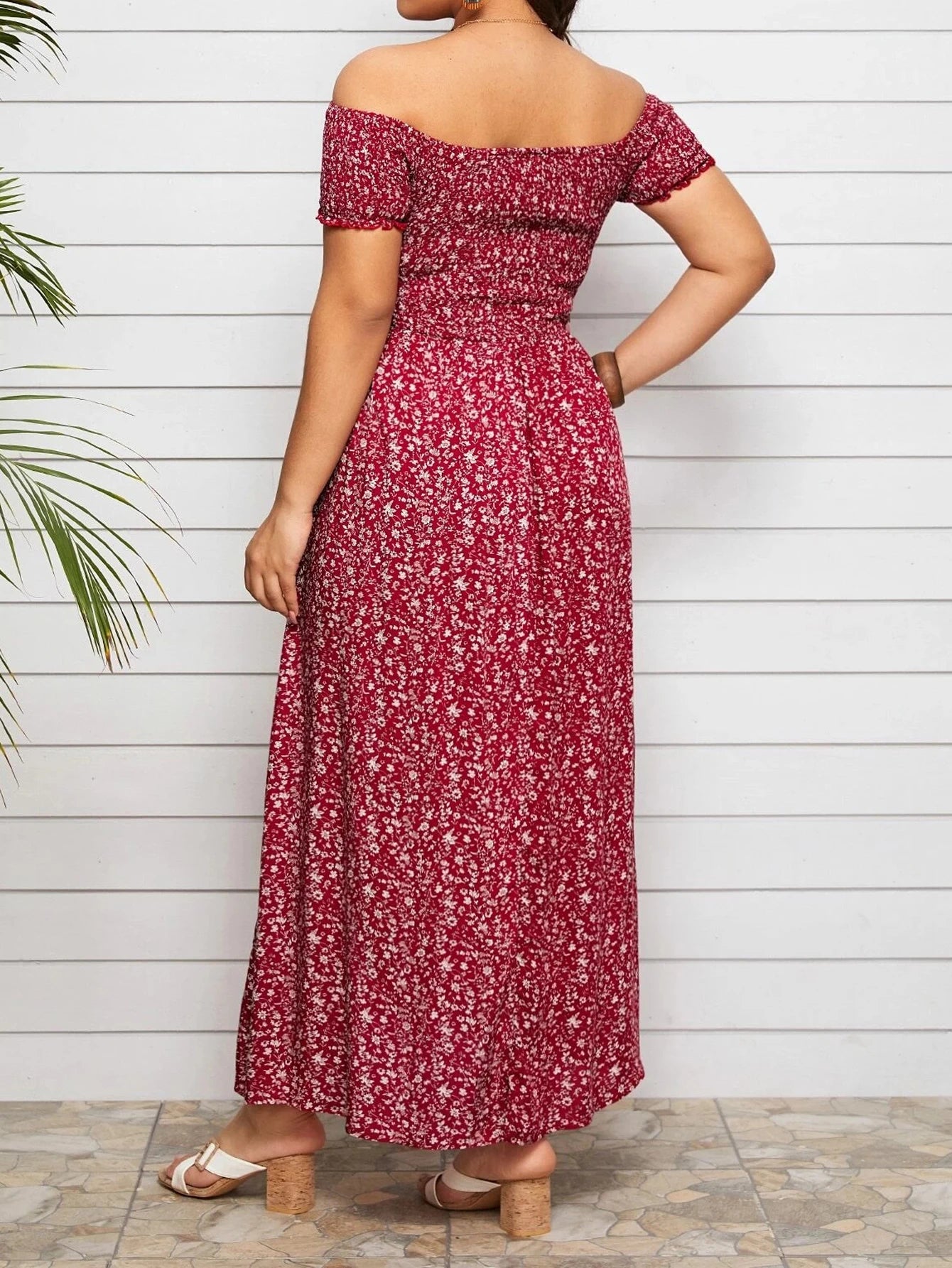Boho Floral Off-Shoulder Split Maxi Dress | Elastic Waist A-Line Women's Summer Dress up to 4XL