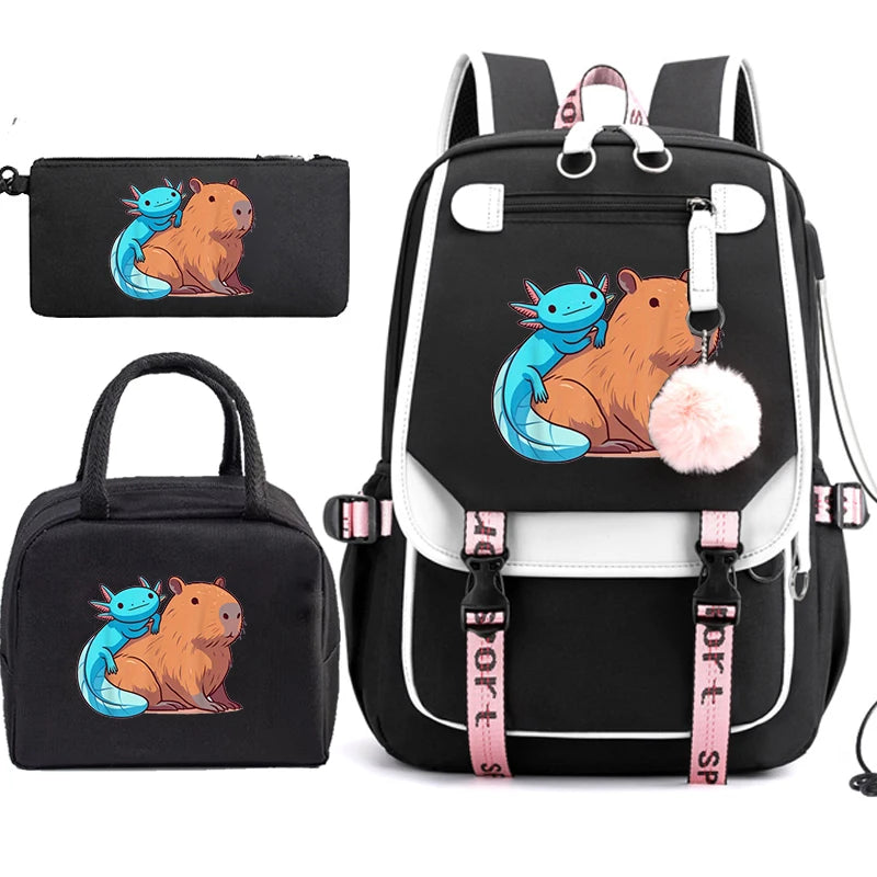 Mochila Escolar Anime Boba Axolotl con Lonchera y Estuche - Set 3 Piezas para Adolescentes
