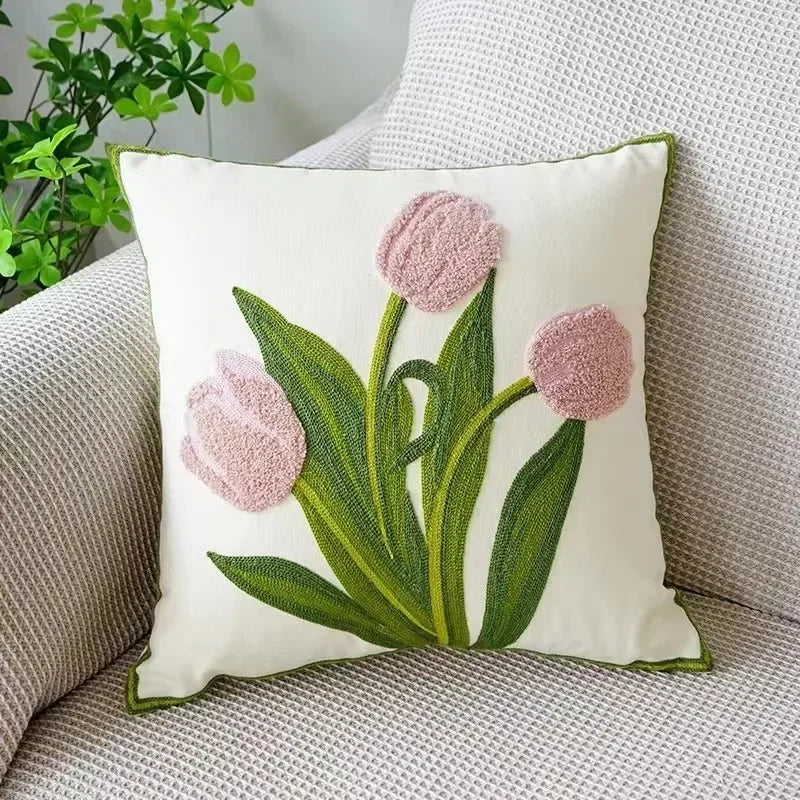 Floral Embroidered Cotton Pillow Cover - Rustic Decorative Cushion Case