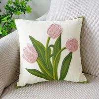 Floral Embroidered Cotton Pillow Cover - Rustic Decorative Cushion Case