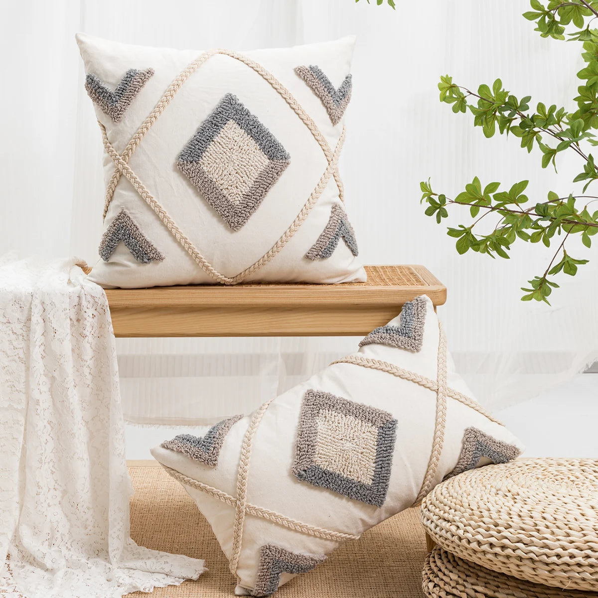 Diamond Loop Pile Jacquard Throw Pillow Cover | Geometric Textured Cushion Case