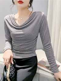 V-Neck Hot Diamond Long Sleeve T-Shirt | Slim Fit Shiny Women's Top