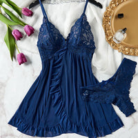 Conjunto de Lencería de Encaje 2 Piezas - Camisón Transparente con Sostén y Panty