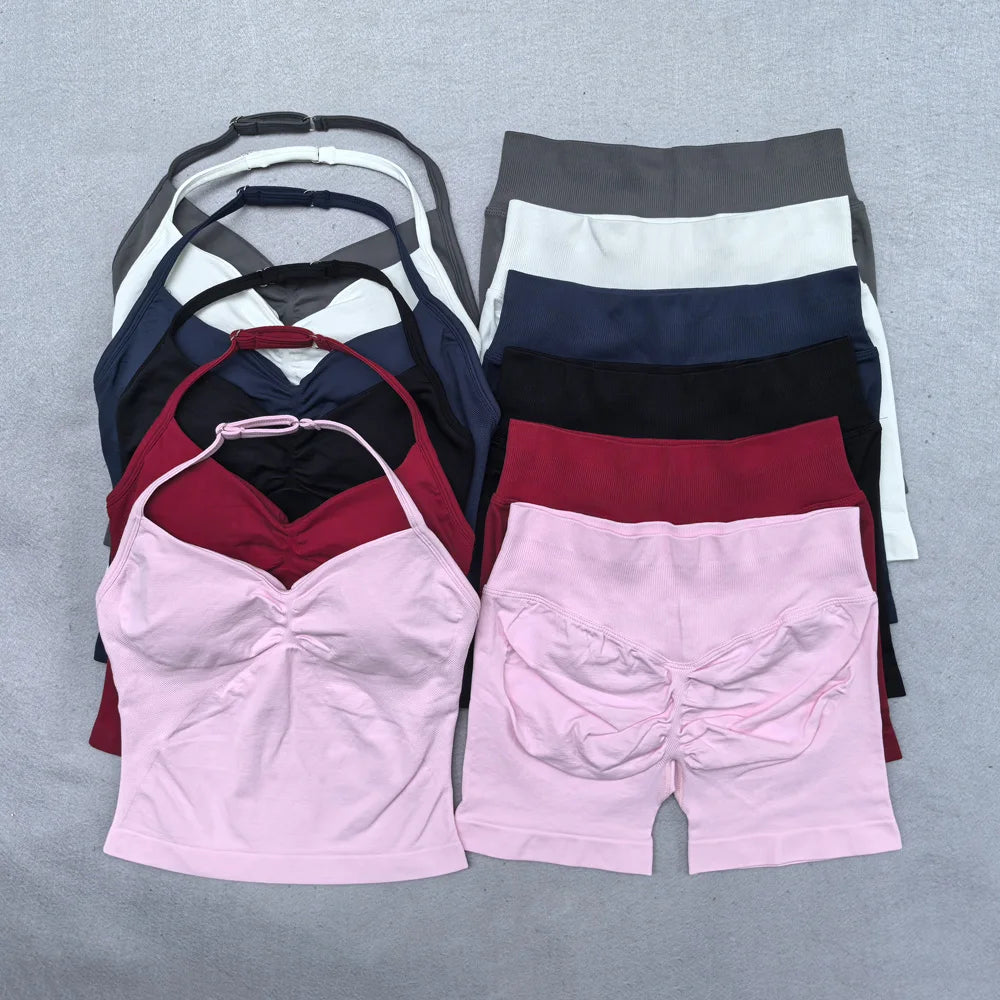 Conjunto Yoga 2 Piezas Mujer - Top Halter Sin Espalda y Shorts Cintura Alta Seamless