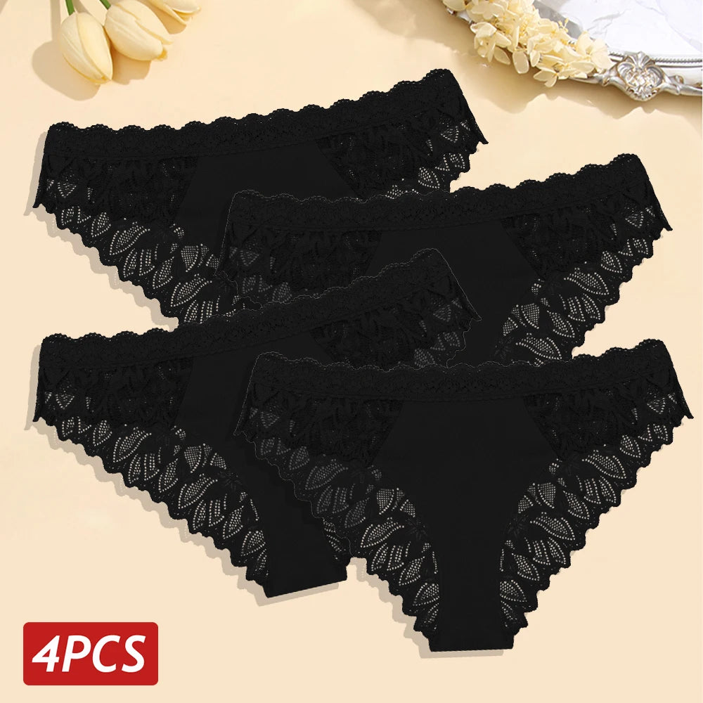 Set 4 Panties Sexy de Encaje Floral - Lencería Transparente Tiro Bajo