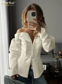 Blusa Elegante Beige con Cordones - Cuello Slash Manga Larga para Mujer