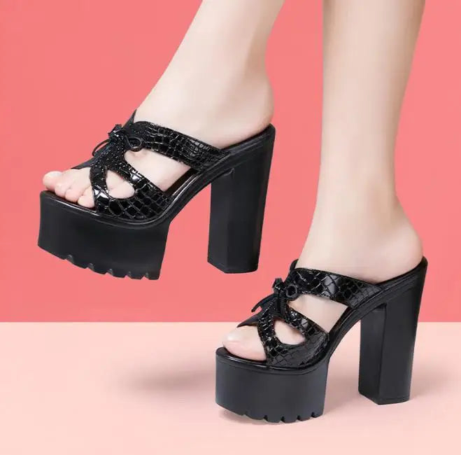 Women's Patent Leather Platform Slides | Block High Heel Slippers | Sizes US 4–9
