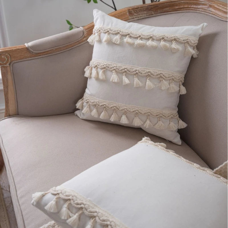 Wabi Sabi Linen & Cotton Fringe Cushion Cover | Handmade Boho Pillow Case