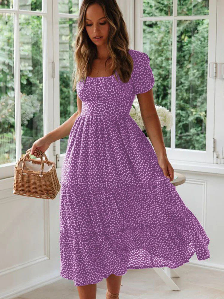 Floral Square Collar Puff Sleeve Midi Dress | A-Line Ruffle Women's Summer Party Dress