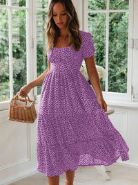 Floral Square Collar Puff Sleeve Midi Dress | A-Line Ruffle Women's Summer Party Dress