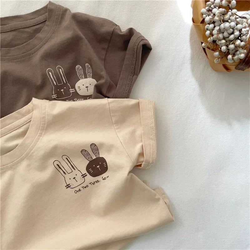 2025 Summer New Arrivals Children's short sleeve T-shirts Pure Cotton 2-7Y Cartoon Bunny T shirt Boys and Girls Looe casual Tops