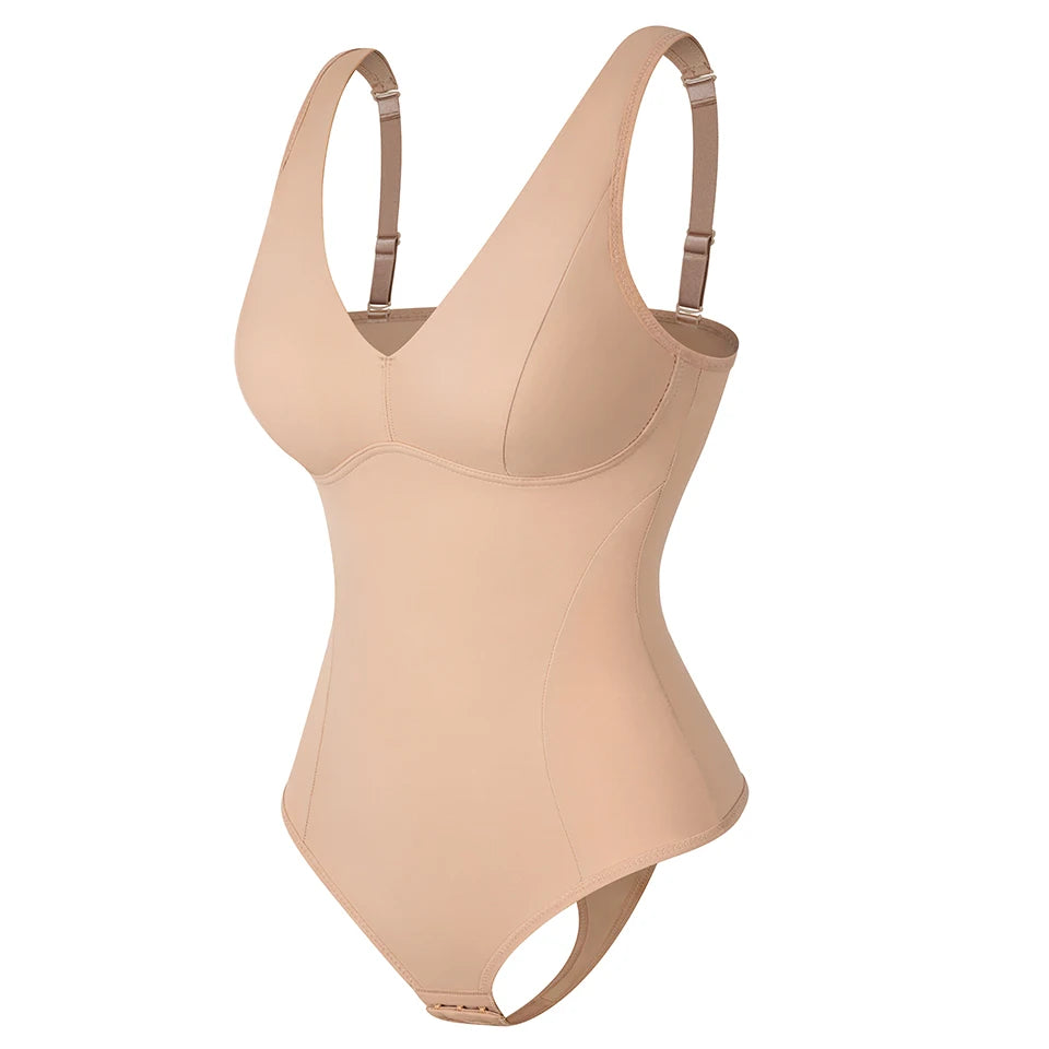 Deep V-Neck Thong Bodysuit Shapewear with Built-In Bra & Waist Trainer