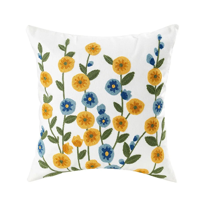 Floral Embroidered Cotton Pillow Cover - Rustic Decorative Cushion Case