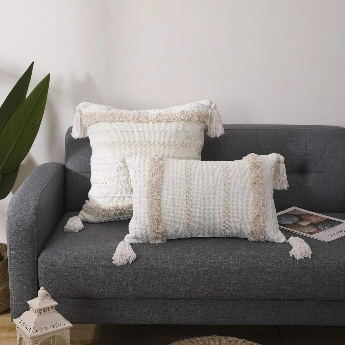 Boho Tufted Throw Pillow Cover with Tassels | Neutral Woven Cushion Case
