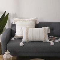 Boho Tufted Throw Pillow Cover with Tassels | Neutral Woven Cushion Case