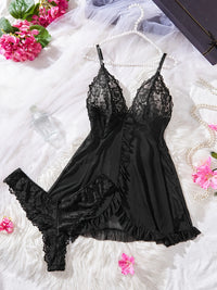 Conjunto de Lencería Sexy de Encaje para Mujer - Camisola Transparente con Panty a Juego