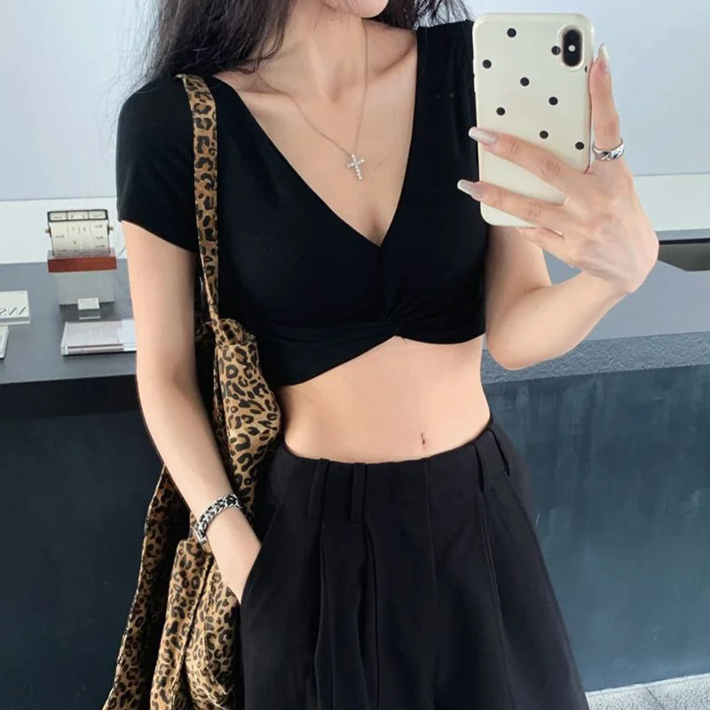 Y2K Twist Front V-Neck Slim Crop Tee – Solid Short Sleeve Women's Streetwear Top