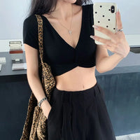 Y2K Twist Front V-Neck Slim Crop Tee – Solid Short Sleeve Women's Streetwear Top