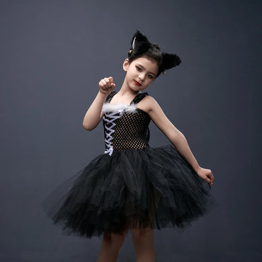 Girls Black Cat Halloween Costume | Tutu Dress with Cat Ears Headband (Ages 2–12)