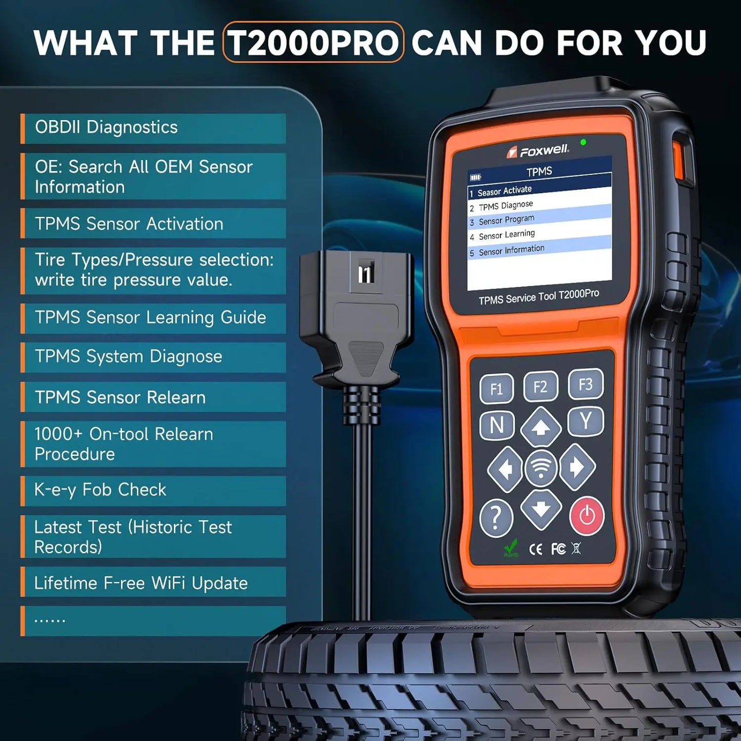 FOXWELL T2000 PRO Auto Tire Pressure Tool Reset TPMS Relearn Activate Sensors Programming Car OBD2 Code Reader Diagnostic Tools