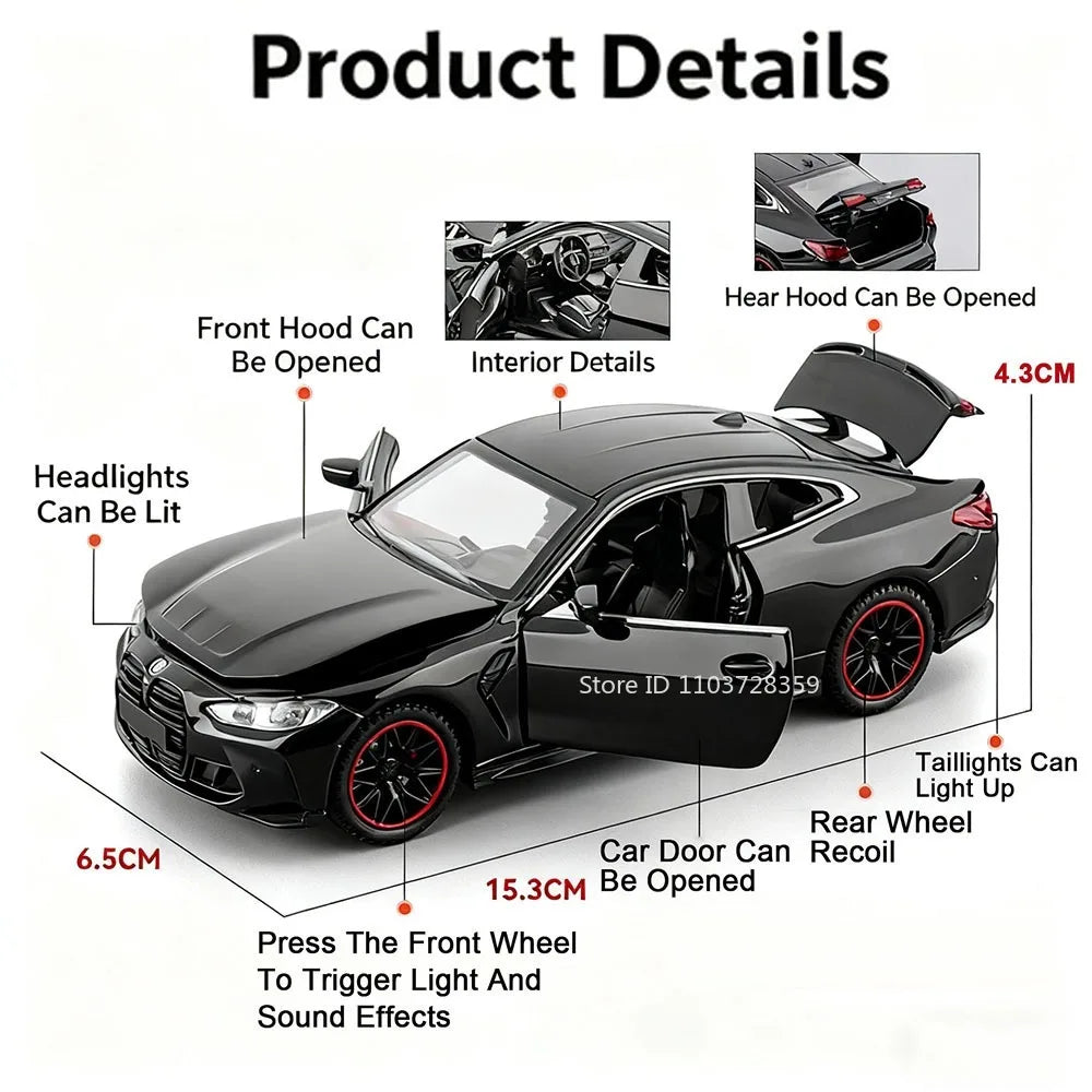 Modelo Auto BMW M8/M4 1:32 Aleación Diecast - Puertas Abren, Luz, Sonido y Pull Back Regalo Niños
