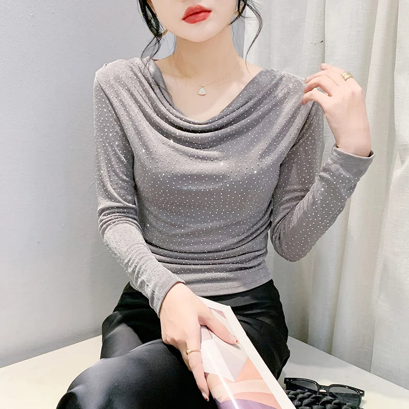 V-Neck Hot Diamond Long Sleeve T-Shirt | Slim Fit Shiny Women's Top