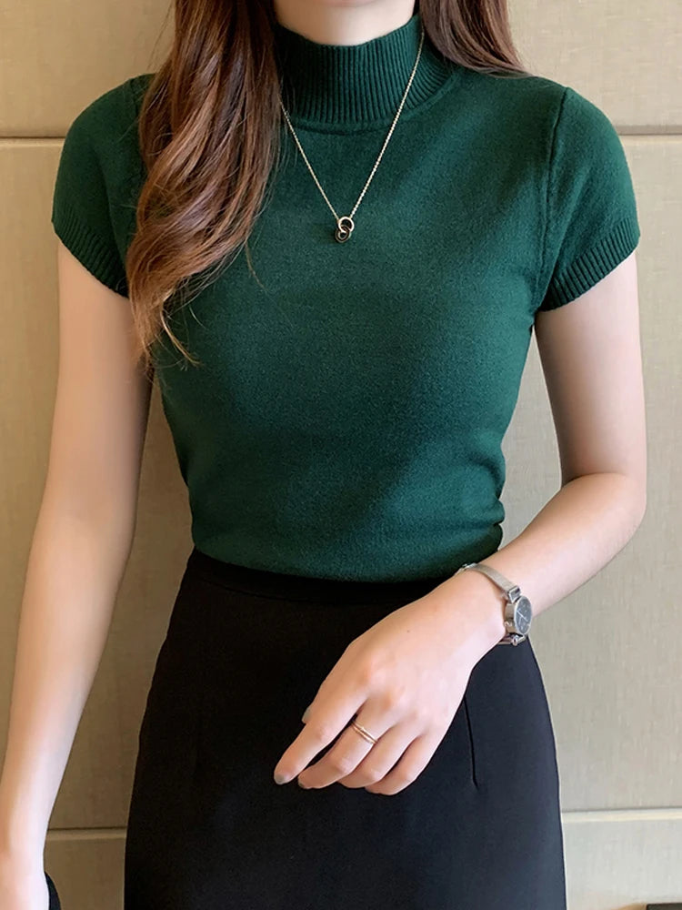 Korean Knit Slim Turtleneck Blouse – Solid Short Sleeve Women's Top