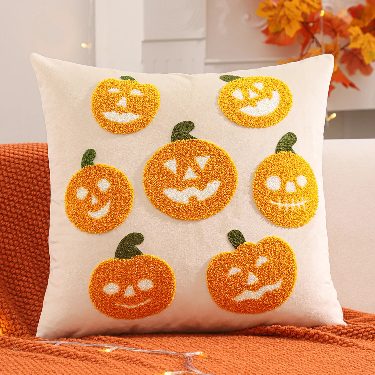 1 PC Halloween Decoration Throw Pillow Cover Pumpkin Ghost Embroidery Velvet Autumn Thanksgiving Harvest Home Living Room