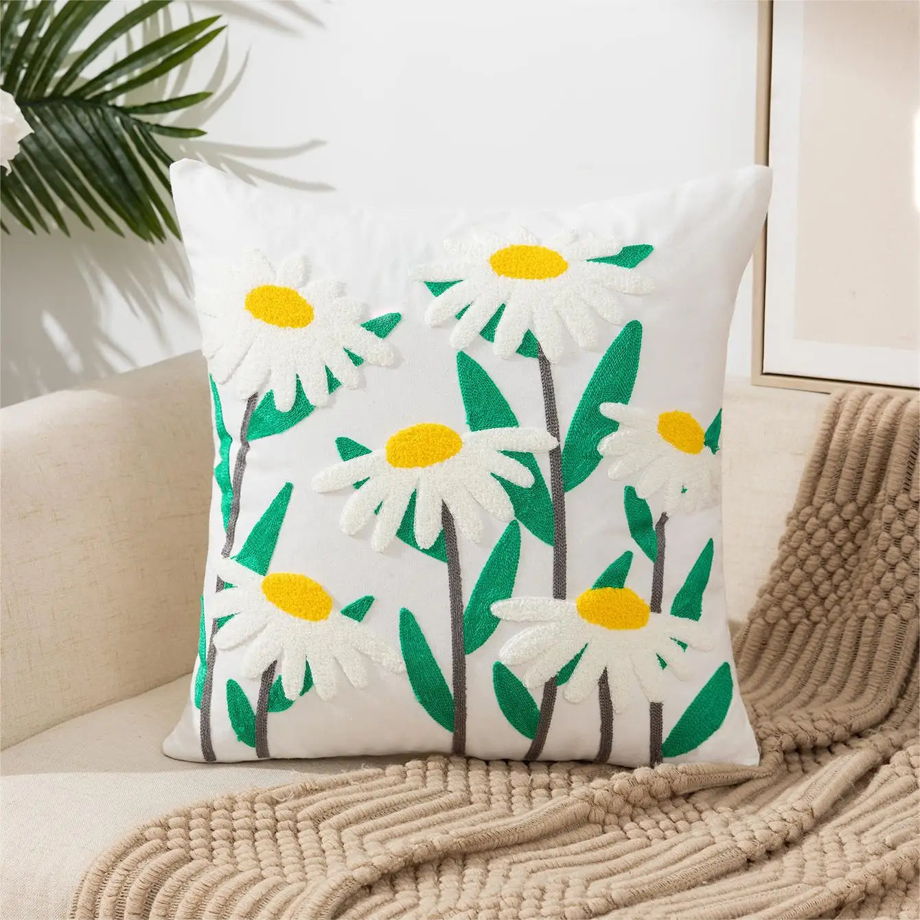 Floral Embroidered Cotton Pillow Cover - Rustic Decorative Cushion Case