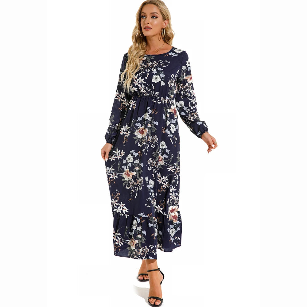 Vestido Maxi Mujer Bohemio - Manga Larga Cintura Alta Estampado Floral Chiffon Playa