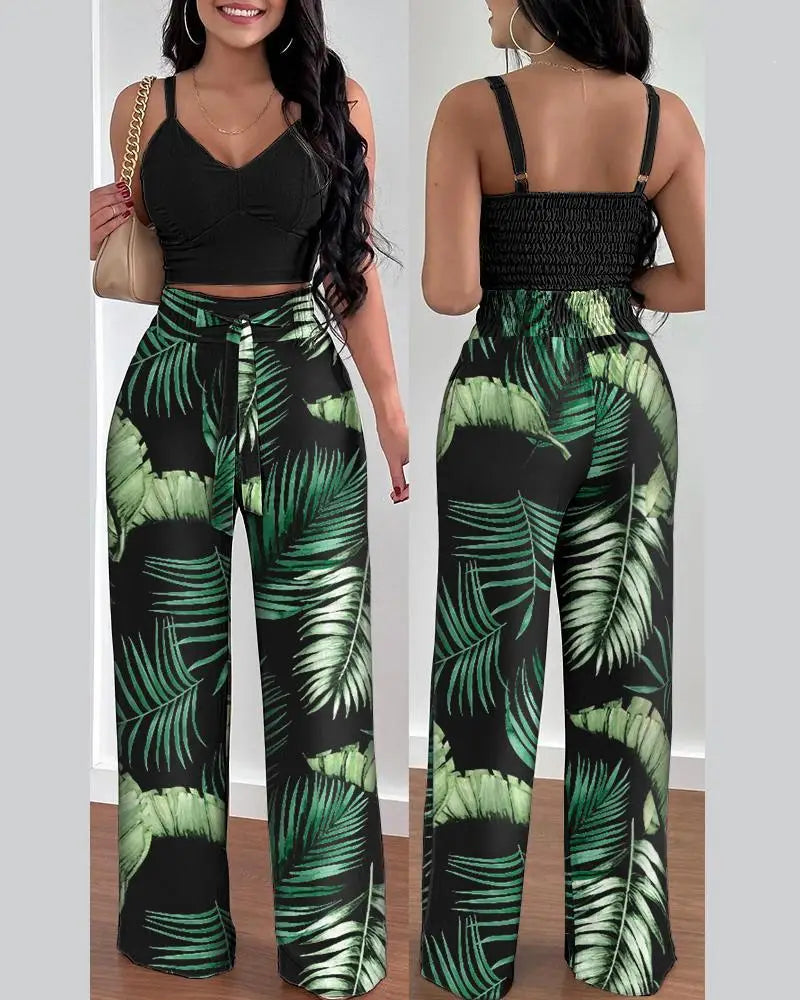 Women's V-Neck Shirred Crop Top & Wide Leg Pants Set | Elegant 2-Piece Office Suit