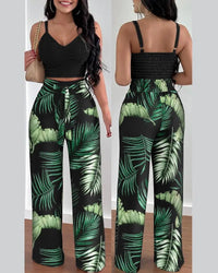 Women's V-Neck Shirred Crop Top & Wide Leg Pants Set | Elegant 2-Piece Office Suit