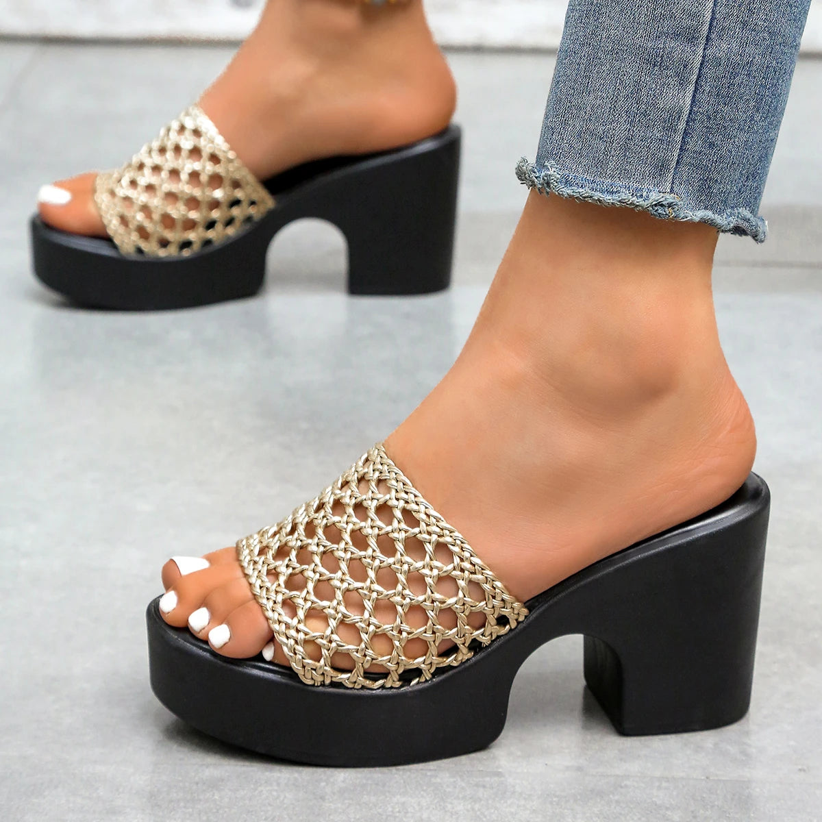 Women's Platform Chunky Heel Woven Slippers | Open Toe Hollow Sandals | US 5.5–10