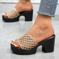 Women's Platform Chunky Heel Woven Slippers | Open Toe Hollow Sandals | US 5.5–10